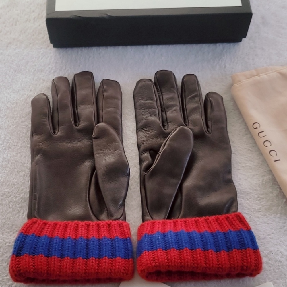 Authentic Gucci lamb leather, wool cuffed gloves, cashmere liner. tags/box/dust